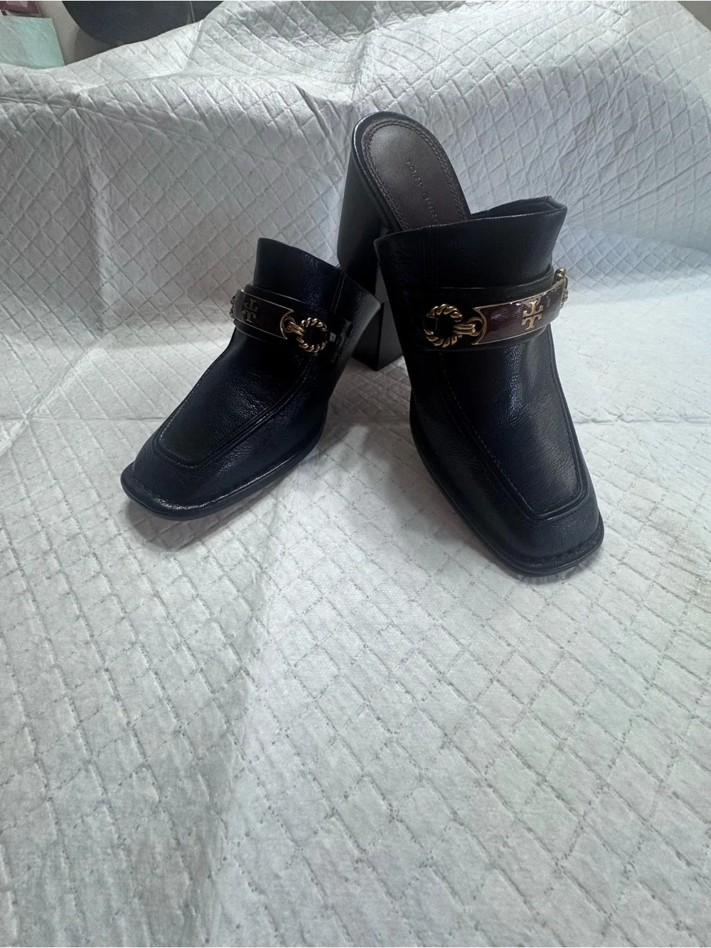 Tory Burch Perrine Black Leather Logo-Trim Block Heel Mules